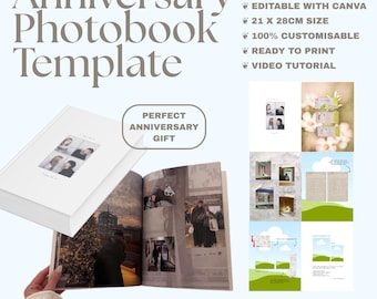 May include: A white Anniversary Photobook Template with the text "Anniversary Photobook Template". The open book displays photos. The text includes "50 pages", "21 x 28cm size", "Editable with Canva", "Ready to print", and "Instant Download".