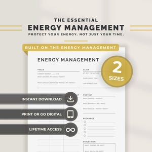 Energy Management Tracker printable PDF and PNG for burnout prevention and daily energy planning. Minimalist energy planner built around the Energy Management framework: Track, Align, Protect, and Recharge. Includes energy score tracking, drain and boundary mapping table, task alignment by energy level, recharge checklist, and daily reflection. Portrait layout in US Letter and A4 sizes. Instant digital download for print or tablet use in GoodNotes and Notability. By NotivoCo.