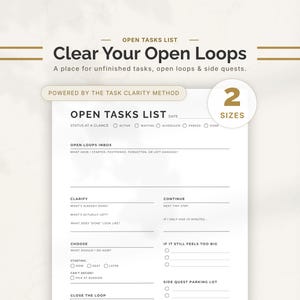 以下が含まれることがあります： Open Tasks List、Clear Your Open Loops、Powered by the Task Clarity Methodというテキストが記載された白い印刷可能なタスクリストテンプレート。ドキュメントには、ステータス、インボックス、明確化、継続、選択、サイドクエストのセクションが含まれています。