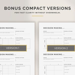 May include: Two white decision-making worksheets with the text "BONUS COMPACT VERSIONS" at the top. Each worksheet has a section for defining the decision, possible options, and criteria. The worksheets are labeled "Version 1" and "Version 2".