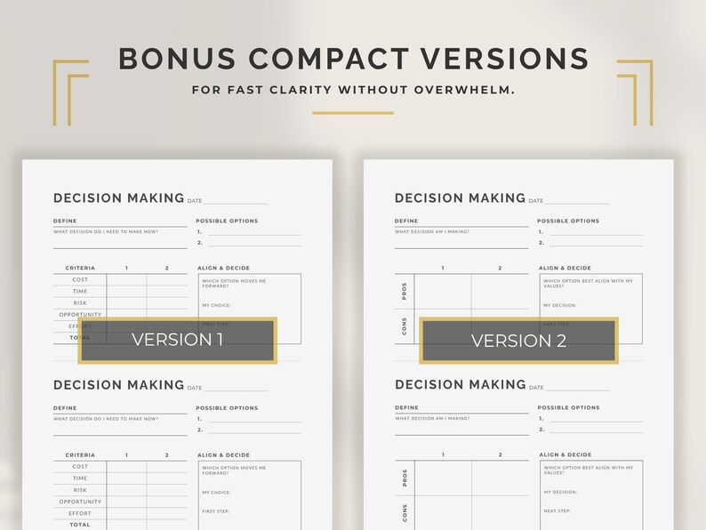 May include: Two white decision-making worksheets with the text "BONUS COMPACT VERSIONS" at the top. Each worksheet has a section for defining the decision, possible options, and criteria. The worksheets are labeled "Version 1" and "Version 2".