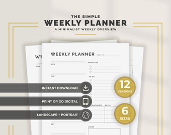 Minimalist Weekly Planner For Busy Adults Printable Productivity Weekly Organizer PDF PNG Digital Download