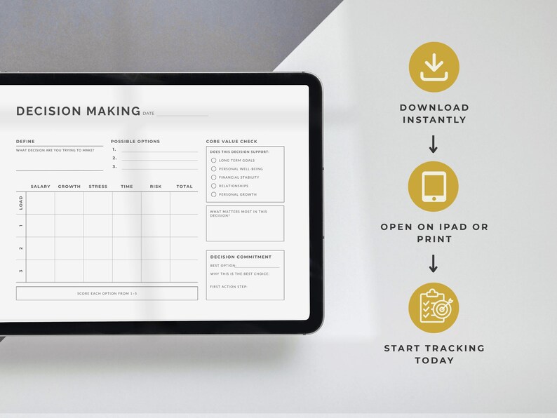 May include: A digital decision-making template displayed on a tablet. The template includes sections for defining the decision, possible options, and core value checks. The image also features icons and text: "Download Instantly," "Open on iPad or Print," and "Start Tracking Today."