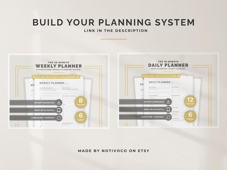 May include: Image of two digital planner templates. The top template is for a weekly planner, and the bottom template is for a daily planner. Both templates are available in multiple sizes and versions, and can be downloaded instantly.