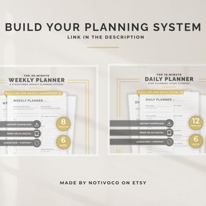 May include: Image of two digital planner templates. The top text reads "Build Your Planning System." The left template is for a weekly planner with 8 versions and 6 sizes. The right template is for a daily planner with 12 versions and 6 sizes.