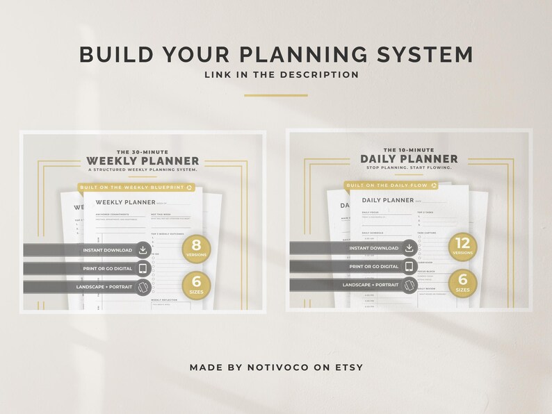 May include: Image of two digital planner templates. The top text reads "Build Your Planning System." The left template is for a weekly planner with 8 versions and 6 sizes. The right template is for a daily planner with 12 versions and 6 sizes.
