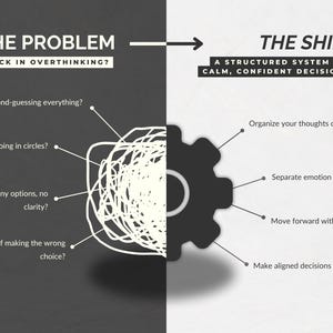 May include: An infographic with a dark gray and white split background. The left side reads "THE PROBLEM" and lists issues like overthinking and lack of clarity. The right side, "THE SHIFT," offers solutions for calm, confident decisions.