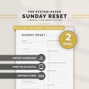 Sunday Reset Planner Printable Weekly Reset Routine Planner Minimal Weekly Reflection Planning Worksheet PDF PNG Digital Planner