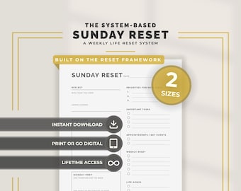 Sunday Reset Planner Printable Weekly Reset Routine Planner Minimal Weekly Reflection Planning Worksheet PDF PNG Digital Planner
