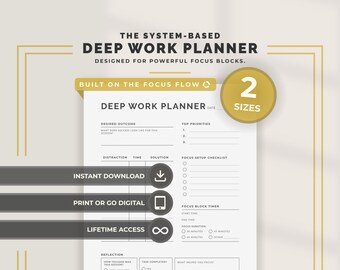 Deep Work Planner Printable Focus Planner PDF Productivity Planner Deep Focus Session Planner Distraction Log Study Planner Workday