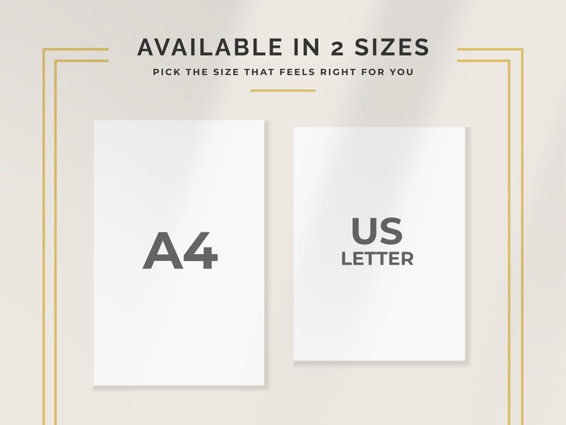 K&ouml;nnte beinhalten: Zwei wei&szlig;e Papierb&ouml;gen, einer mit der Aufschrift "A4" und der andere mit "US LETTER", werden vor einem hellen Hintergrund gezeigt. Der Text "AVAILABLE IN 2 SIZES" und "PICK THE SIZE THAT FEELS RIGHT FOR YOU" steht oben.