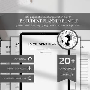 Könnte beinhalten: Ein digitales IB Student Planner Bundle mit über 45 Seiten zur Schülerorganisation. Enthält Hoch- und Querformate und ist im PNG- und PDF-Format verfügbar. Der Planer zeigt ein Logo mit zwei Silhouetten und dem Text "The IB Learner Profile."