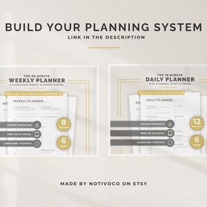 K&ouml;nnte beinhalten: Das Bild zeigt zwei digitale Planer: den 30-Minuten-Wochenplaner und den 10-Minuten-Tagesplaner. Jeder Planer bietet mehrere Versionen und Gr&ouml;&szlig;en, die zum sofortigen Download und Drucken verf&uuml;gbar sind. Der Text "Build Your Planning System" ist oben.