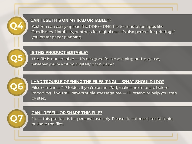 May include: A graphic with four questions and answers about a digital product. The questions are in bold text and are numbered Q4 through Q7. The answers are in a sans-serif font and address topics like file compatibility and usage.