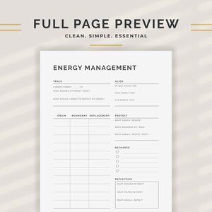Energy Management Tracker planner page showing all sections: Track with energy score and drain identification, Align with best focus time and task matching, Drain Boundary Replacement mapping table, Protect section for boundaries and reductions, Recharge activity checklist, and end-of-day Reflection. Minimalist daily energy tracker printable in PDF and PNG, portrait layout, US Letter and A4 sizes. Instant digital download by NotivoCo Canada.