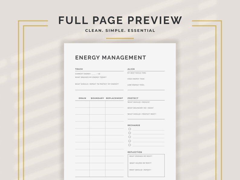 Energy Management Tracker planner page showing all sections: Track with energy score and drain identification, Align with best focus time and task matching, Drain Boundary Replacement mapping table, Protect section for boundaries and reductions, Recharge activity checklist, and end-of-day Reflection. Minimalist daily energy tracker printable in PDF and PNG, portrait layout, US Letter and A4 sizes. Instant digital download by NotivoCo Canada.