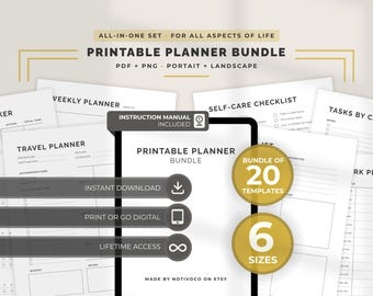 Printable Planners Bundle Minimalist Digital Productivity Organizer Printable PDF & PNG 6 Sizes