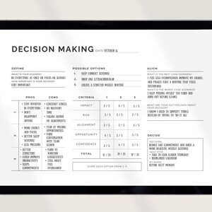 May include: A digital tablet displays a decision-making template with sections for defining a dilemma, possible options, pros and cons, criteria, and alignment. The text includes "Decision Making" and prompts for self-assessment.