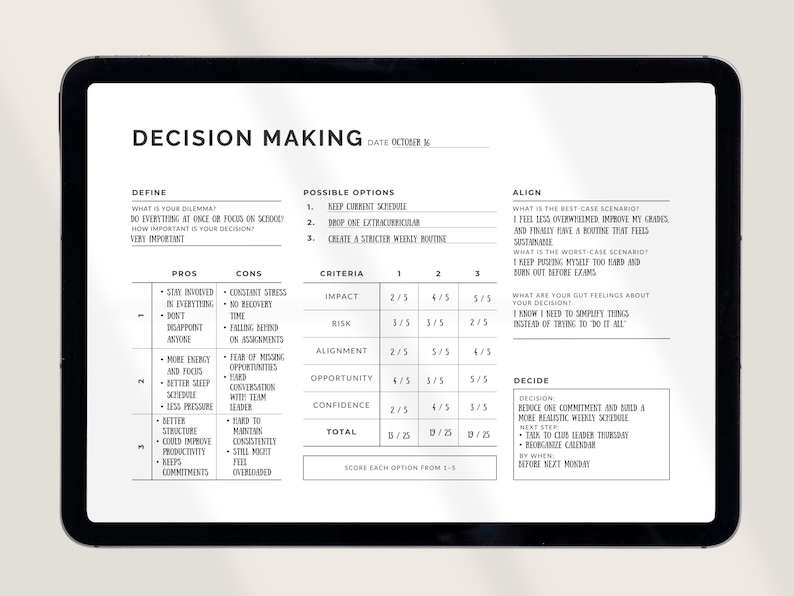 May include: A digital tablet displays a decision-making template with sections for defining a dilemma, possible options, pros and cons, criteria, and alignment. The text includes "Decision Making" and prompts for self-assessment.
