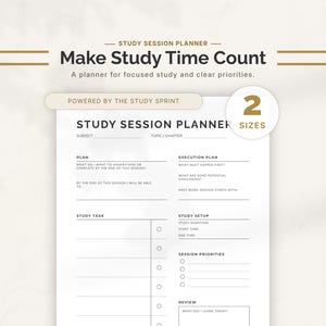 Puede incluir: Una página de planificador de sesiones de estudio blanca con texto negro que incluye secciones para materia, tema, plan, plan de ejecución, tarea, configuración, prioridades y revisión. El encabezado dice Study Session Planner, Make Study Time Count.