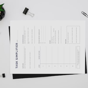 Minimalist Task Simplifier printable on clean desk — procrastination planner and task breakdown worksheet for professionals, students, and entrepreneurs who feel paralysed by overwhelming tasks. Built around the Momentum Loop: Capture, Acknowledge, Progress, Reinforce, and Reflect. Break any task into micro-actions, build momentum with quick wins, and commit to a clear first step. Instant digital download PDF and PNG, US Letter and A4, portrait layout. Designed by NotivoCo, Canada.