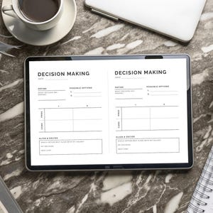 Decision Making Planner open on tablet in GoodNotes for digital decision planning and clarity journaling. Minimalist hard decision planner and overthinking worksheet built around the Clear Choice Framework: Define, Evaluate, Align, and Decide. Six versions and two compact versions in portrait and landscape layouts. Available in US Letter, A4, A5, A6, Half Letter, and Happy Planner Classic. PDF and PNG instant download compatible with GoodNotes and Notability. By NotivoCo.