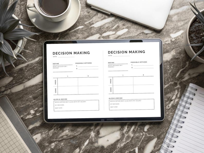Decision Making Planner open on tablet in GoodNotes for digital decision planning and clarity journaling. Minimalist hard decision planner and overthinking worksheet built around the Clear Choice Framework: Define, Evaluate, Align, and Decide. Six versions and two compact versions in portrait and landscape layouts. Available in US Letter, A4, A5, A6, Half Letter, and Happy Planner Classic. PDF and PNG instant download compatible with GoodNotes and Notability. By NotivoCo.