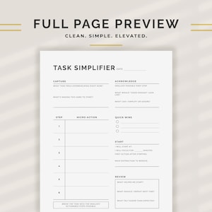 Task Simplifier planner page showing all sections: Capture what feels overwhelming, Acknowledge the smallest first step and what to simplify, Step and Micro Action breakdown table, Quick Wins checklist, Start Block with focus time and first action, and Review reflection. Minimalist procrastination planner and task breakdown worksheet in PDF and PNG, portrait layout, US Letter and A4 sizes. Instant digital download by NotivoCo. Compatible with GoodNotes and Notability for digital use.