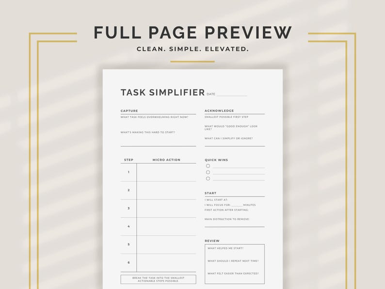 Task Simplifier planner page showing all sections: Capture what feels overwhelming, Acknowledge the smallest first step and what to simplify, Step and Micro Action breakdown table, Quick Wins checklist, Start Block with focus time and first action, and Review reflection. Minimalist procrastination planner and task breakdown worksheet in PDF and PNG, portrait layout, US Letter and A4 sizes. Instant digital download by NotivoCo. Compatible with GoodNotes and Notability for digital use.