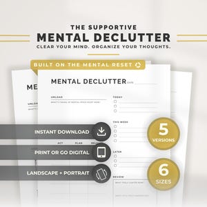 May include: A white digital planner page titled THE SUPPORTIVE MENTAL DECLUTTER with sections for UNLOAD, TODAY, THIS WEEK, LATER, and REVIEW. The document includes text prompts, checkboxes, and columns for ACT, PLAN, and RELEASE. Gold circular badges indicate 5 VERSIONS and 6 SIZES.