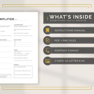 K&ouml;nnte beinhalten: Ein wei&szlig;es Task Simplifier-Arbeitsblatt mit minimalistischem Design. Das Arbeitsblatt enth&auml;lt Abschnitte zum Erfassen von Aufgaben, Mikroaktionen und schnellen Erfolgen. Das Bild zeigt auch eine Liste der enthaltenen Elemente: Anweisungen, PDF- und PNG-Dateien, Hochformat und zwei Gr&ouml;&szlig;en.