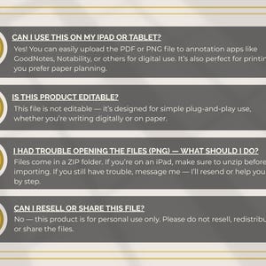 May include: A graphic with text answering frequently asked questions about a digital product. Questions include usage on iPads, editability, file opening, and resale rights. The background is gray with gold accents.