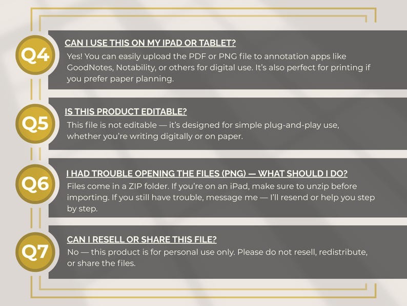 May include: A graphic with text answering frequently asked questions about a digital product. Questions include usage on iPads, editability, file opening, and resale rights. The background is gray with gold accents.