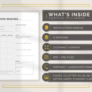 May include: A white decision-making worksheet with the title "DECISION MAKING" and a section for defining options. The image also includes a section titled "WHAT'S INSIDE" with details about the product, including instructions, versions, and file formats.