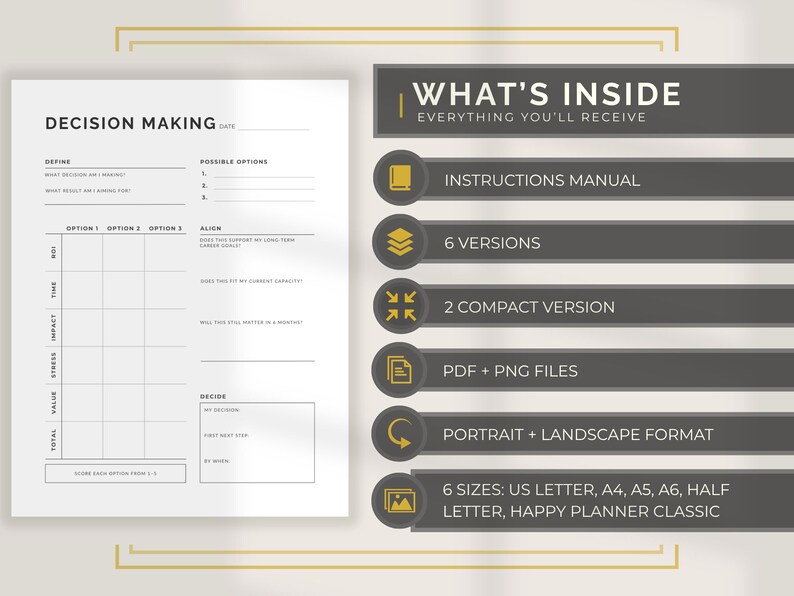 May include: A white decision-making worksheet with the title "DECISION MAKING" and a section for defining options. The image also includes a section titled "WHAT'S INSIDE" with details about the product, including instructions, versions, and file formats.