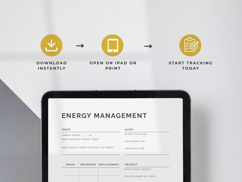 May include: A digital energy management planner displayed on a tablet. The screen shows a structured layout with sections for tracking energy levels, identifying energy drains, and setting boundaries. The image includes the text "DOWNLOAD INSTANTLY", "OPEN ON IPAD OR PRINT", and "START TRACKING TODAY".