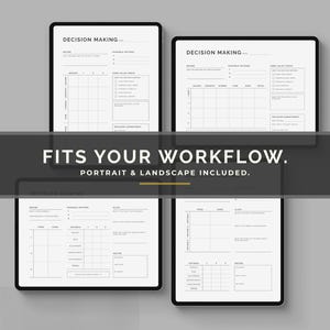 May include: Four digital tablets displaying decision-making templates in portrait and landscape orientations. The templates feature tables, checklists, and the text "DECISION MAKING." A dark gray banner across the image reads "FITS YOUR WORKFLOW. PORTRAIT & LANDSCAPE INCLUDED."