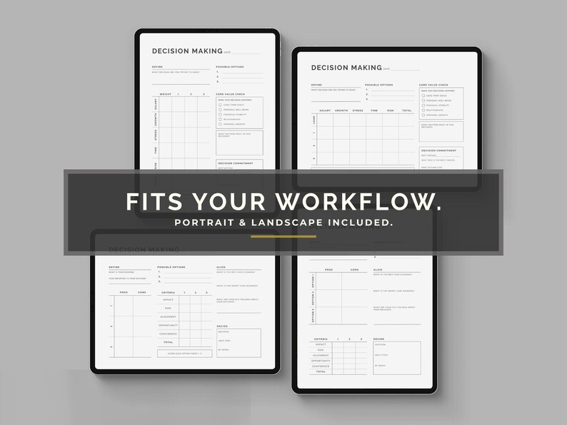May include: Four digital tablets displaying decision-making templates in portrait and landscape orientations. The templates feature tables, checklists, and the text "DECISION MAKING." A dark gray banner across the image reads "FITS YOUR WORKFLOW. PORTRAIT & LANDSCAPE INCLUDED."