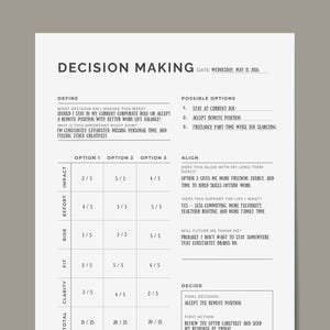 Filled-in Decision Making Planner showing the Clear Choice Framework in use: defining the decision, evaluating options, aligning with values, and committing to a final choice. Minimalist pros and cons planner and decision matrix printable designed for career moves, life decisions, and any choice that needs structure over guesswork. PDF and PNG digital download in portrait and landscape, 6 sizes including US Letter and A4. Instant download by NotivoCo Canada.