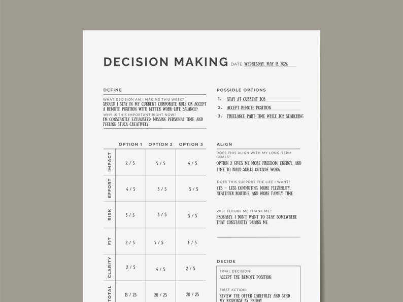Filled-in Decision Making Planner showing the Clear Choice Framework in use: defining the decision, evaluating options, aligning with values, and committing to a final choice. Minimalist pros and cons planner and decision matrix printable designed for career moves, life decisions, and any choice that needs structure over guesswork. PDF and PNG digital download in portrait and landscape, 6 sizes including US Letter and A4. Instant download by NotivoCo Canada.