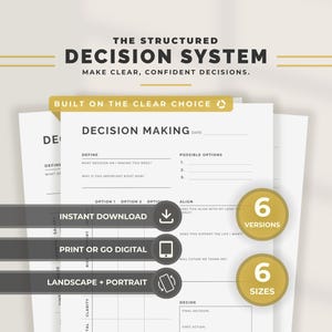 Puede incluir: Descarga digital de un sistema de toma de decisiones con el texto "The Structured Decision System". El diseño incluye un papel blanco con indicaciones y secciones para definir decisiones, posibles opciones y alineación. Incluye 6 versiones y 6 tamaños.