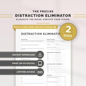 May include: A white printable productivity planner page titled The Precise Distraction Eliminator. It features sections for Prioritize, Focus Setup, Workspace Checklist, Distractions to Remove, and Reflect. Includes icons for download, digital use, and lifetime access.