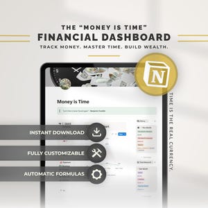 Op de afbeelding: Een digitaal financieel dashboard weergegeven op een tabletscherm met de titel The Money Is Time Financial Dashboard. De interface bevat secties voor het bijhouden van geld, tijd en vermogen, met de tekst Instant Download, Fully Customizable en Automatic Formulas.