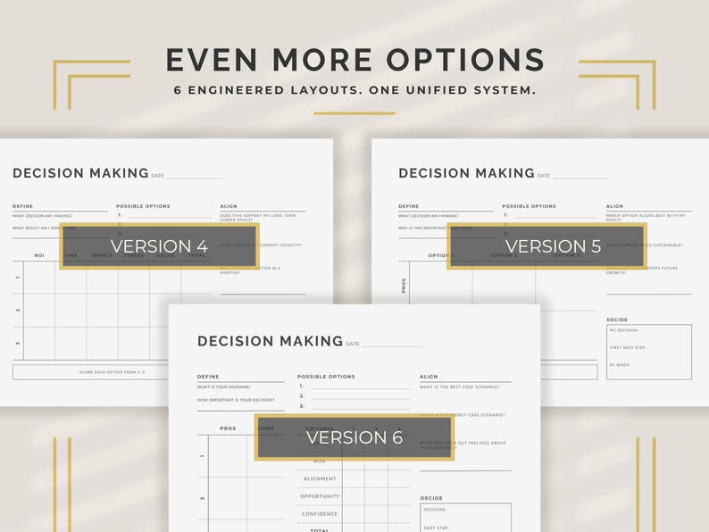 May include: A collection of decision-making worksheets with the text "Even More Options" and "6 Engineered Layouts. One Unified System." The worksheets are labeled "Version 4", "Version 5", and "Version 6".