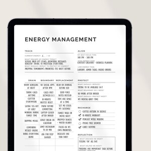 Energy Management Tracker open on tablet in GoodNotes for digital daily energy planning and burnout prevention. Minimalist energy planner built around the Track, Align, Protect, and Recharge framework. Helps busy professionals, entrepreneurs, and students identify energy drains, set boundaries, match tasks to peak energy windows, and build a daily recharge routine. PDF and PNG instant download, portrait layout, US Letter and A4. Compatible with GoodNotes and Notability. NotivoCo.