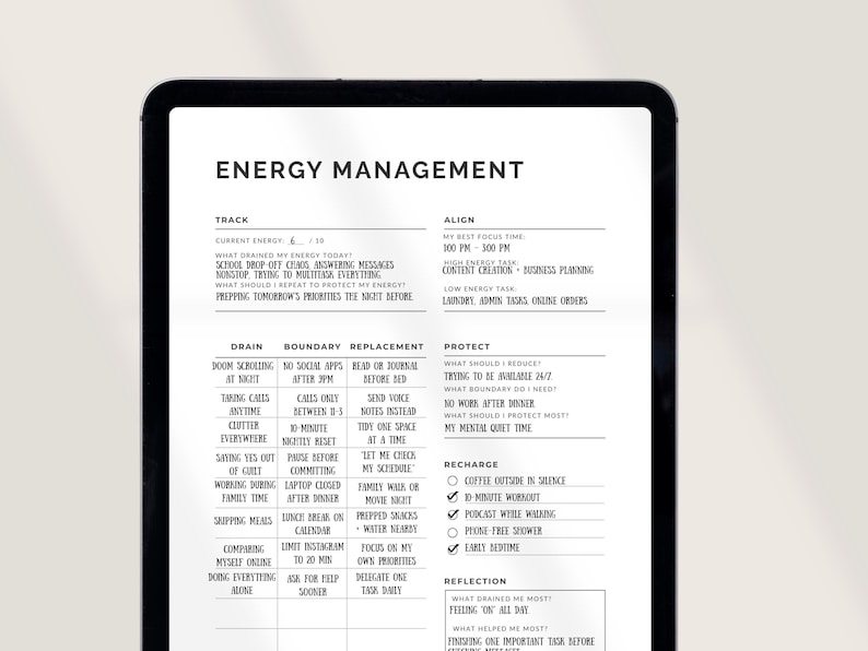 Energy Management Tracker open on tablet in GoodNotes for digital daily energy planning and burnout prevention. Minimalist energy planner built around the Track, Align, Protect, and Recharge framework. Helps busy professionals, entrepreneurs, and students identify energy drains, set boundaries, match tasks to peak energy windows, and build a daily recharge routine. PDF and PNG instant download, portrait layout, US Letter and A4. Compatible with GoodNotes and Notability. NotivoCo.