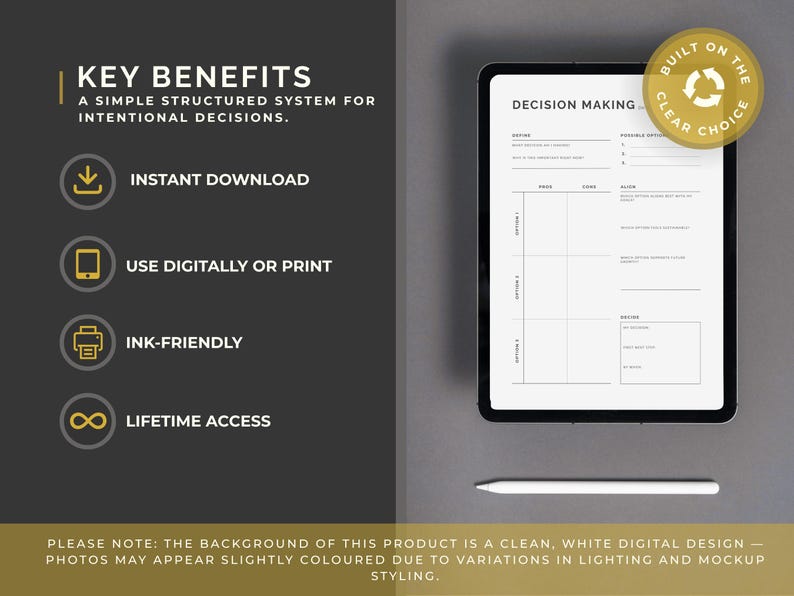 May include: A digital decision-making template displayed on a tablet, with a white stylus. The template features a structured system for intentional decisions, with sections for options and outcomes. Text includes "Key Benefits" and "Instant Download."
