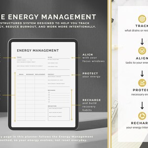 May include: A digital planner titled "The Energy Management" with a structured system to track energy, reduce burnout, and work more intentionally. The planner includes sections for tracking energy patterns, aligning focus, and recharging habits.