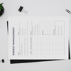 Minimalist Energy Management Tracker printable on clean desk — daily burnout prevention planner and energy tracker for busy professionals, parents, entrepreneurs, and students running on empty. Built around the Energy Management method: Track, Align, Protect, and Recharge. Identify your drains, protect your peak hours, and recharge with intention every day. Instant digital download PDF and PNG, US Letter and A4, portrait layout. Designed by NotivoCo, Canada.