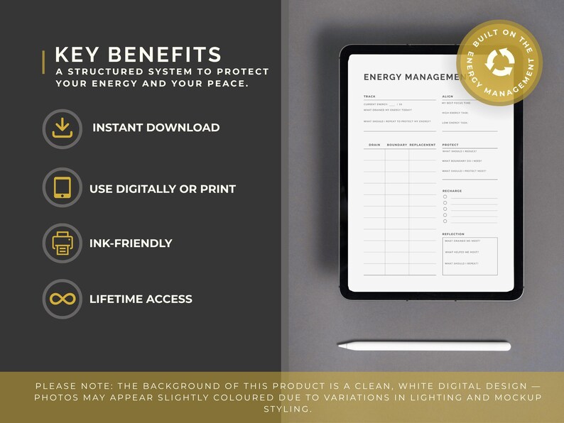 May include: A digital energy management planner displayed on a tablet with a white stylus. The planner includes sections for tracking, origin, boundary, replacement, and reflection. Text on the left side highlights key benefits, including instant download and lifetime access.